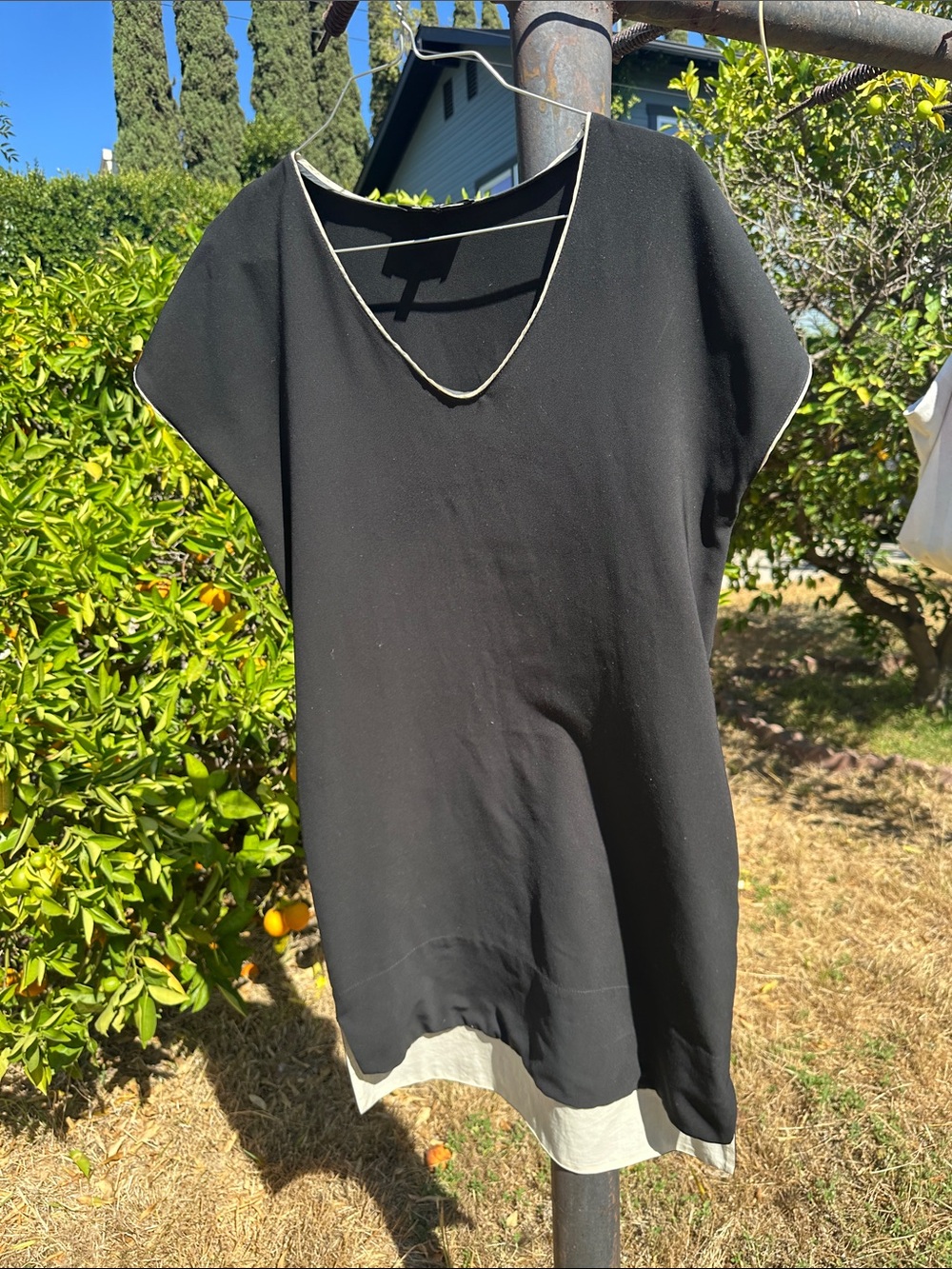 Black V-Neck Short Sleeve Tunic Dress with Cream Trim Medium 100% Cotton